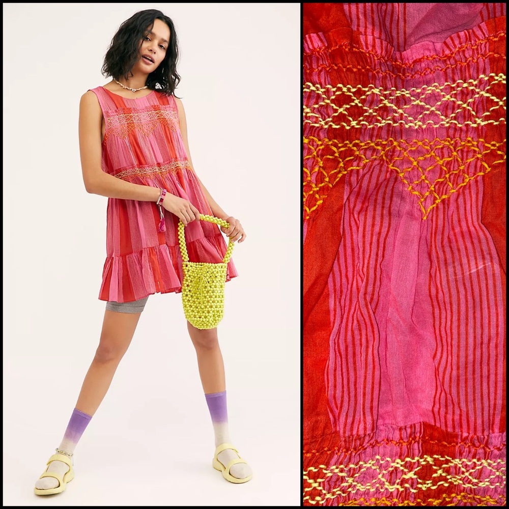 FP Intimately Embroidered Red & Pink Stripe Smocked Elastic Mini Slip Dress